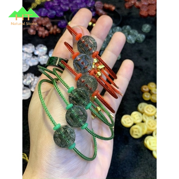 Vòng đeo tay dây cáp Đồng Điếu Đồng xu đá TA tóc Xanh nhân đôi tài lộc