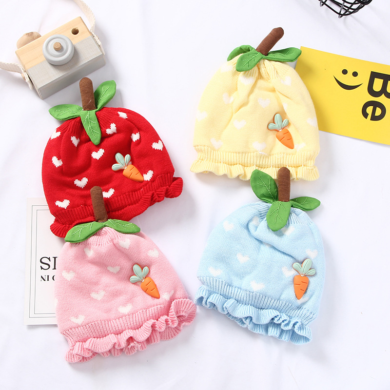 Mũ Nón len dệt kim thiết kế dâu tây đễ thương, 2 lớp cho bé trai, bé gái từ 3 tháng đến 1 tuổi