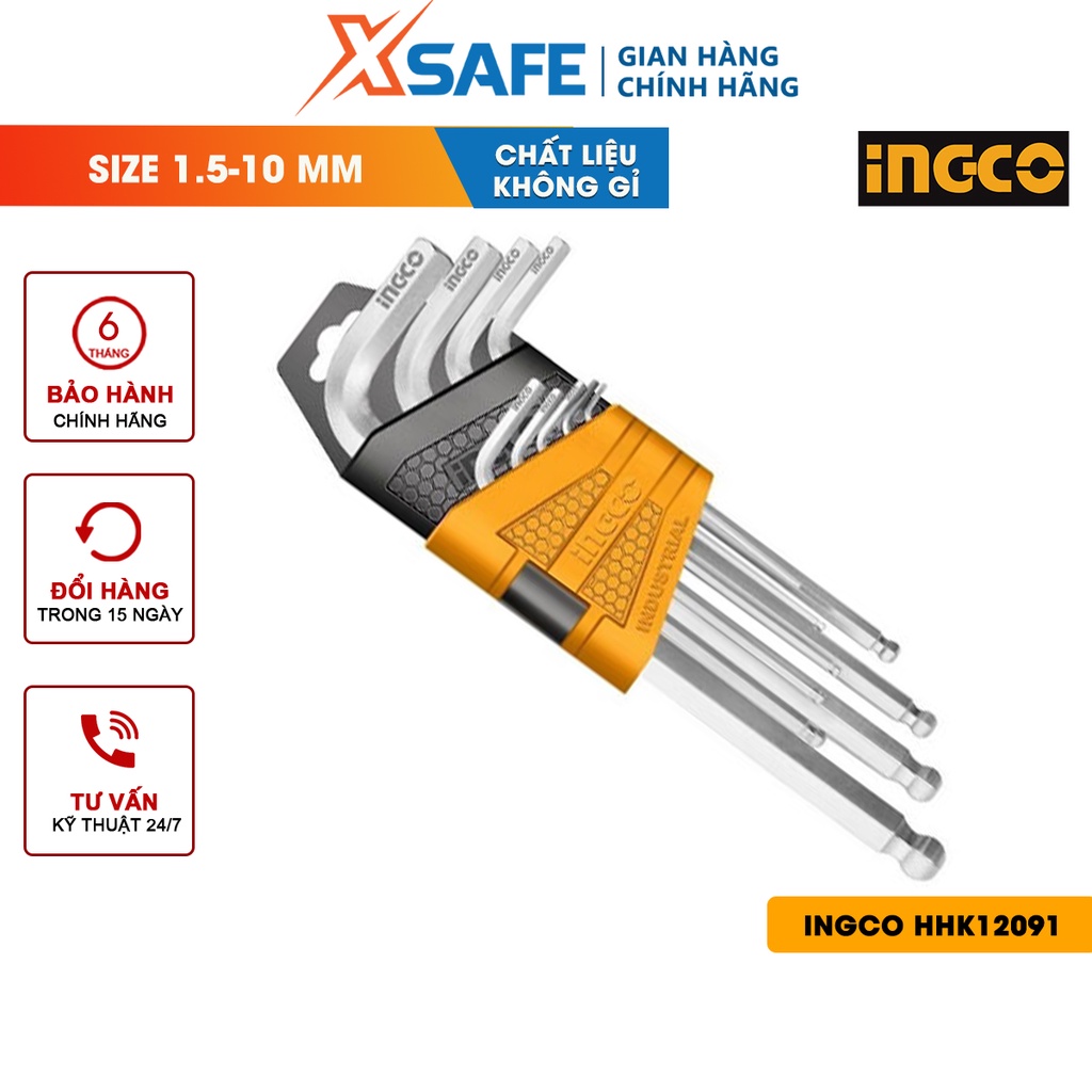 Bộ 9 chìa lục giác bi INGCO HHK12091 thiết kế nhỏ gọn Khóa lục giác Chất liệu Cr-V, Size 1.5-10mm, chịu lực chịu nhiệt