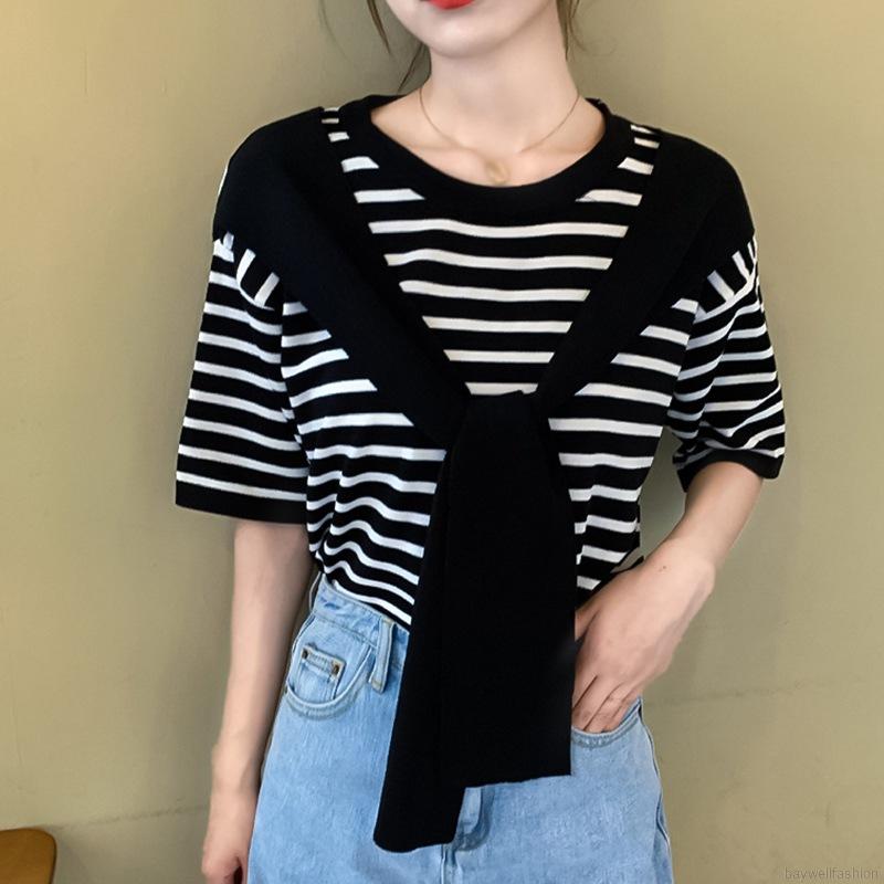 Áo thun tay ngắn giả hai lớp họa tiết kẻ sọc thời trang dành cho nữ Baywellfashion