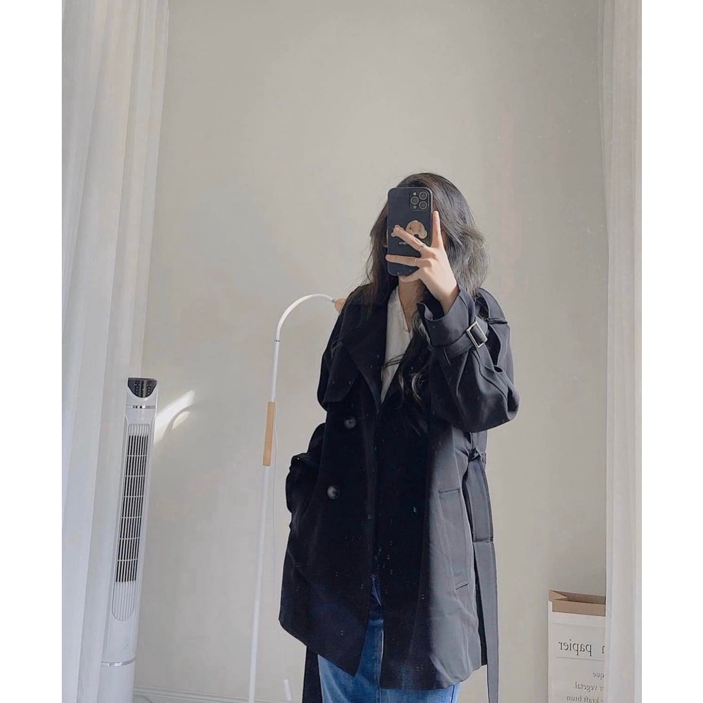 Áo khoác măng tô dáng dài kèm thắt lưng, Áo khoác dài tay form rộng màu đen, nâu thời trang Hàn Quốc