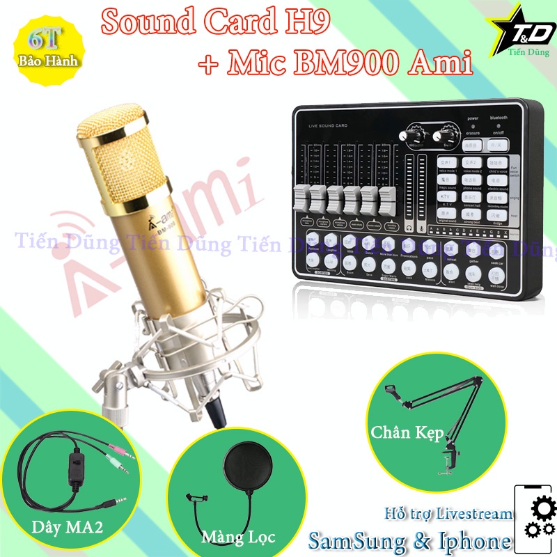 Mic thu âm Sound card H9 có Bluetooth đi Mic BM900 Ami Chân Kẹp Màng Lọc Dây Livestream MA2.