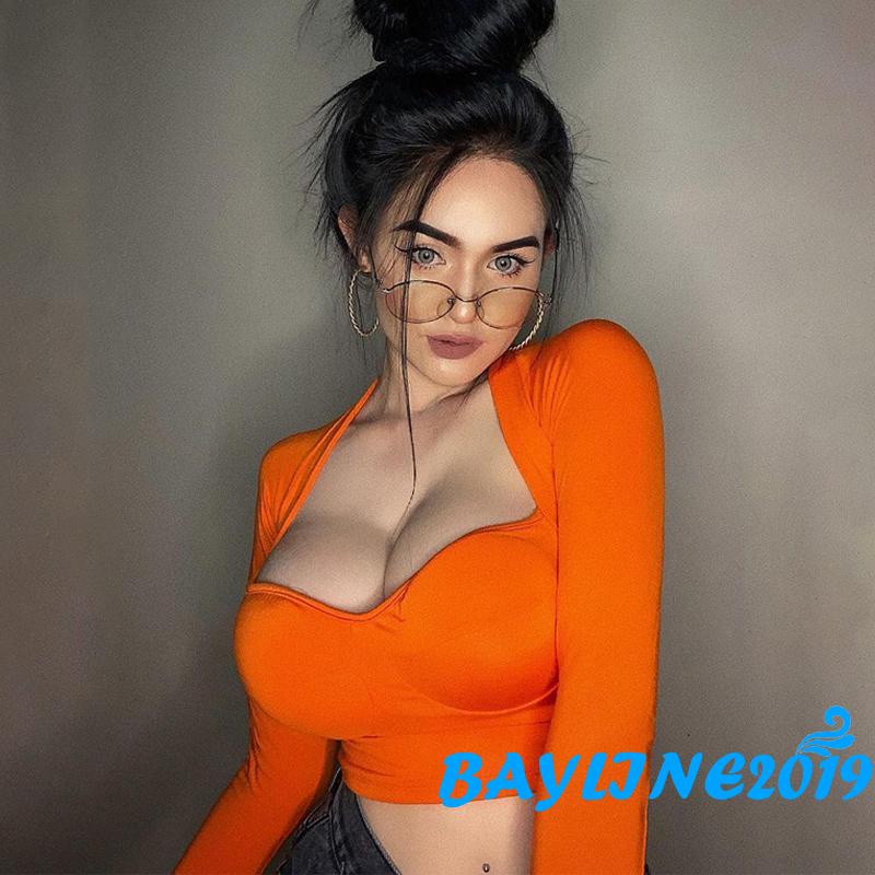 Áo Croptop Tay Dài Cổ Chữ V Màu Trơn Thời Trang Xuân Thu Dành Cho Nữ