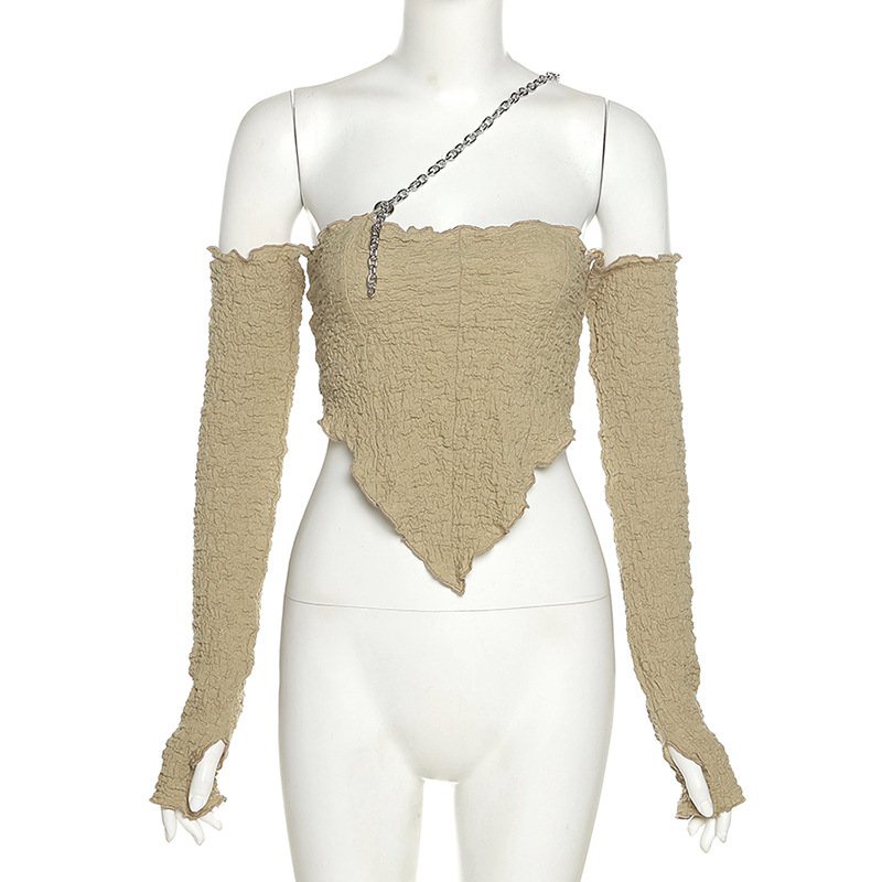 Áo kiểu trễ vai tay dài phối dây xích thời trang cho nữ