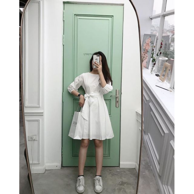 váy trắng basic cổ tròn thắt nơ eo kèm ảnh thật MS12 SẴN SIZE S, M