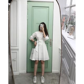 Váy trắng basic cổ tròn thắt nơ eo kèm ảnh thật ms12 sẵn size s, m