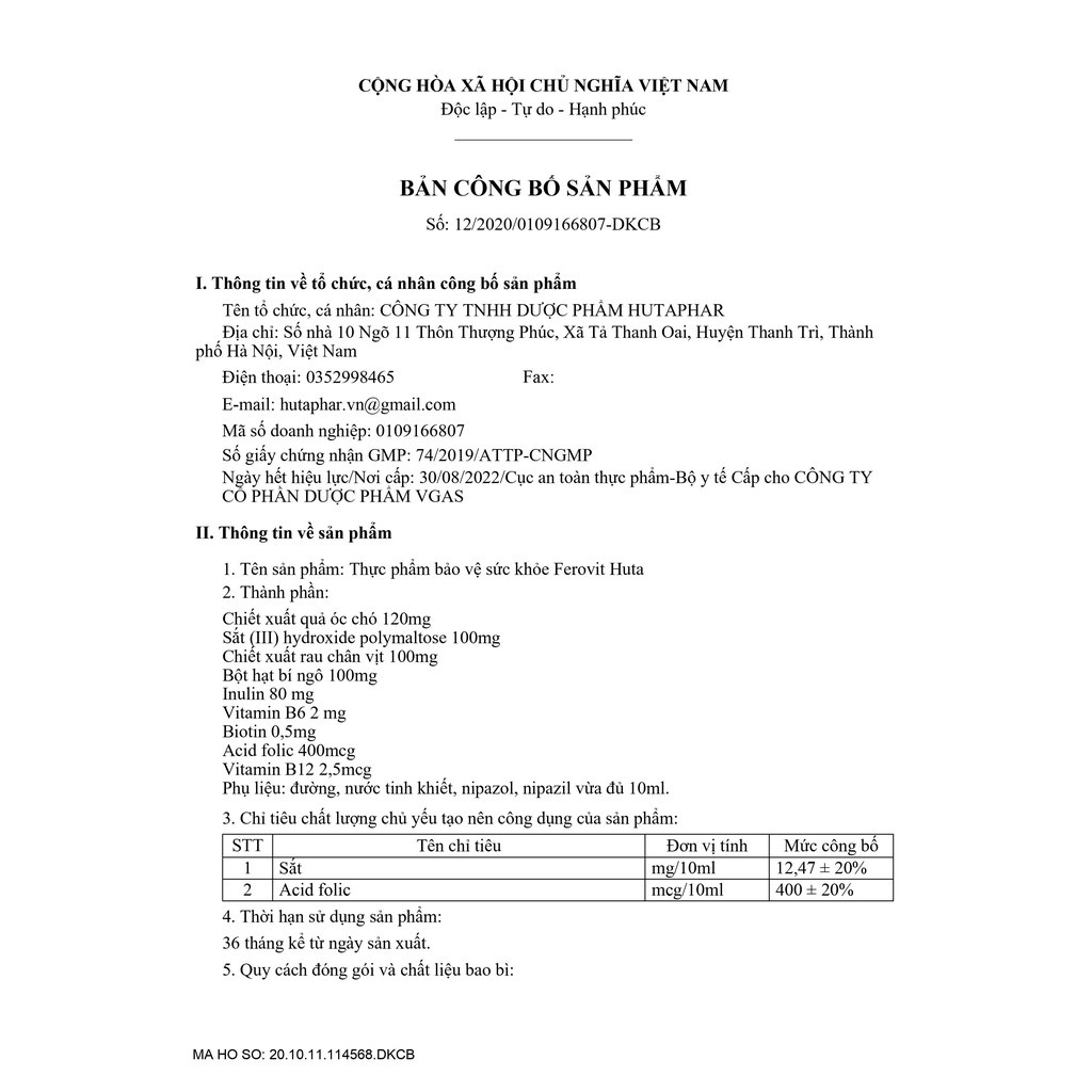 Siro FEROVIT Huta bổ sung sắt, acid folic cho bà bầu, vị dưa gang, không nóng, không táo bón hộp 20 ống