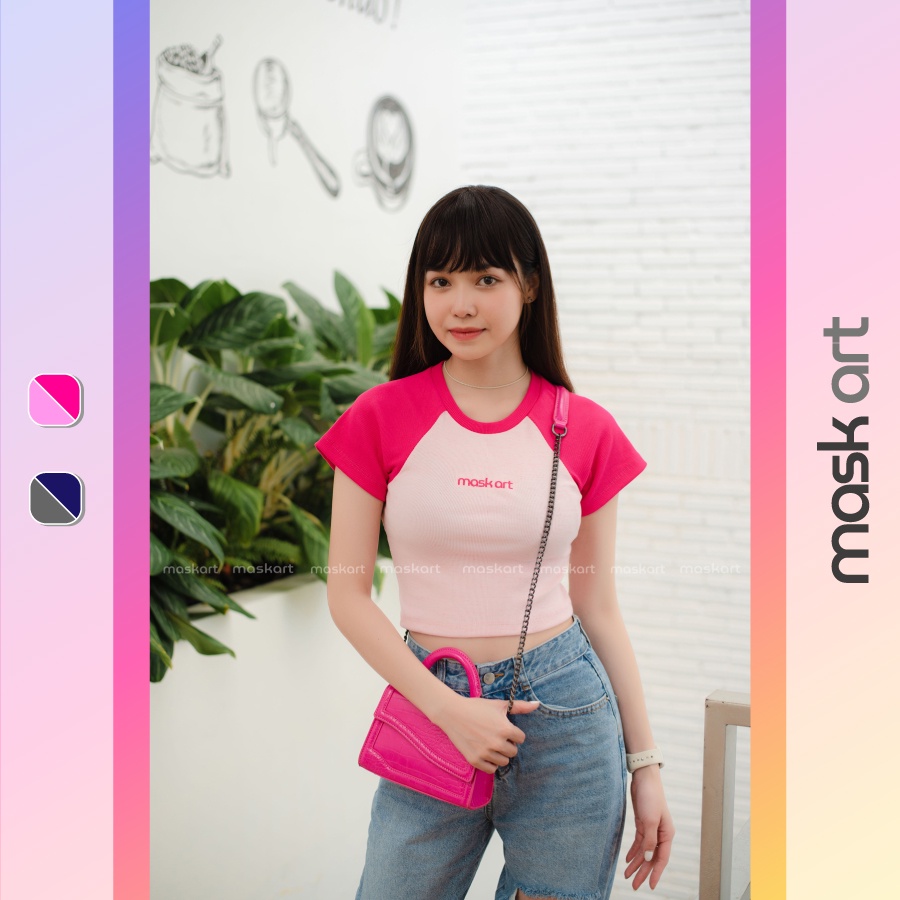 Áo croptop raglan tay ngắn phối màu phong cách hàn quốc thêu logo Mask Art