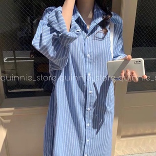 [SẴN] Váy sơmi suông kẻ sọc basic, đầm sơmi công sở màu xanh-trắng kẻ sọc phong cách Hàn Quốc QN110