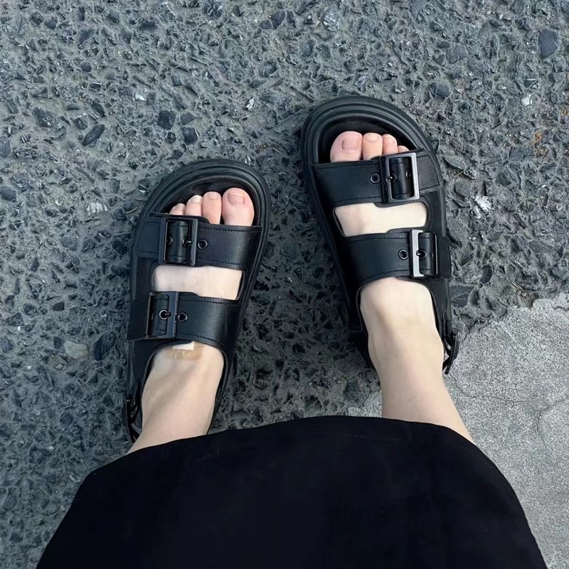 (CÓ SẴN Đen/Trắng be) Giày Sandals đế bánh mì 4.5p quai cài CAO CẤP da mềm mịn