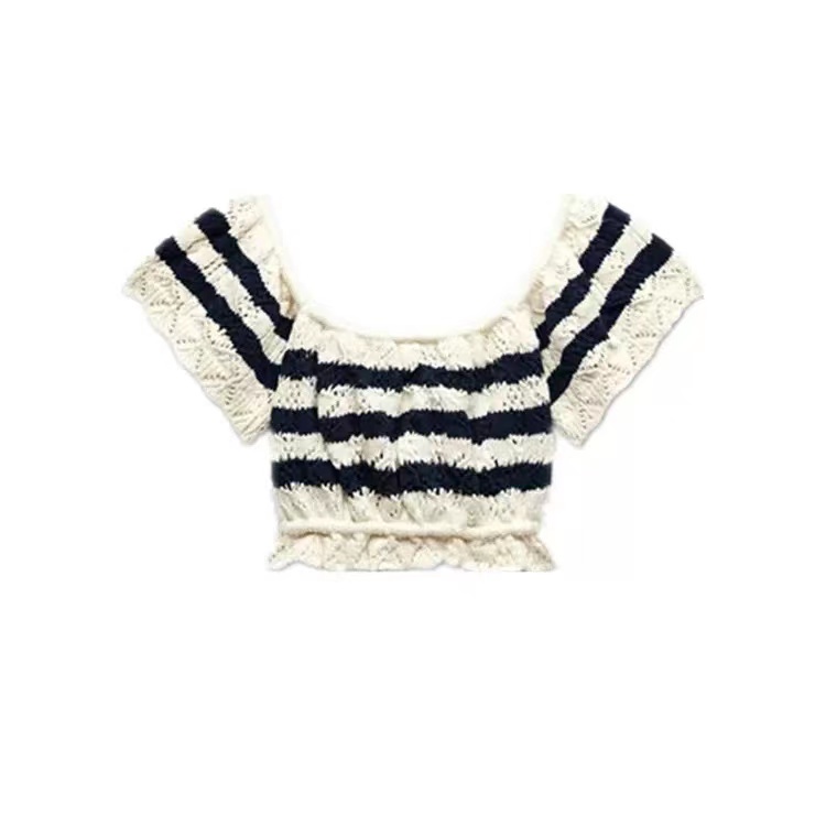Áo croptop Dệt Kim Trễ Vai Cổ Vuông Hoạ Tiết Kẻ Sọc Trắng Đen Thời Trang Mùa Hè Cho Phái Nữ
