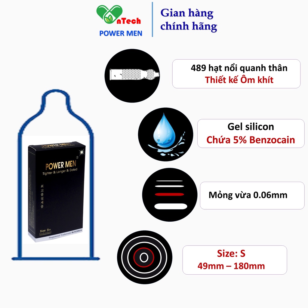 Bao cao su POWER MEN Gân gai size nhỏ 49mm chứa 5% Benzocain kéo dài thời gian kiểu dáng 3D ôm khít