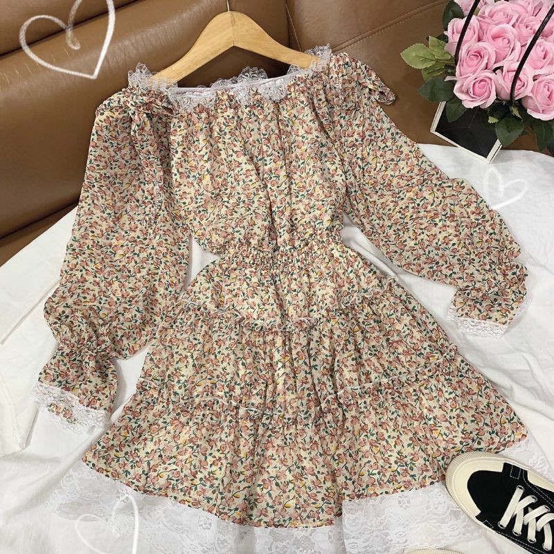 Đầm hoa bẹt vai viền ren