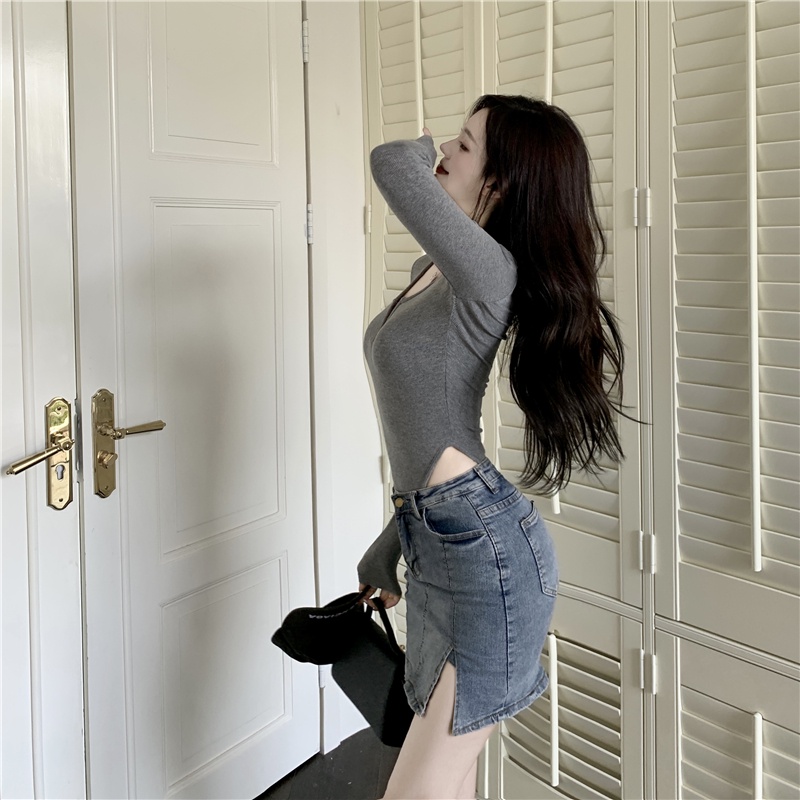 Glorki one-piece top women's crotch European and American style sexy hot girl tight long-sleeved one-shoulder knitted shirt inner base shirt autumn | BigBuy360 - bigbuy360.vn