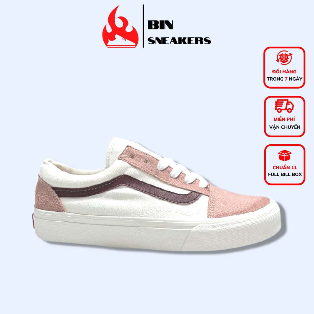 Giày thể thao nam nữ 𝗩𝗮𝗻𝘀 Vault Old Skool màu hồng/trắng, Giày 𝗩𝗮𝗻𝘀 hồng cao cấp Full Bill Box