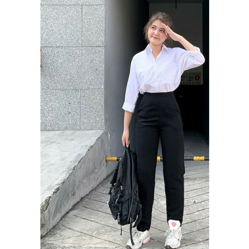 Quần tây nữ Uzzlang cạp cao - Hình thật - Uzzlang-Taobao
