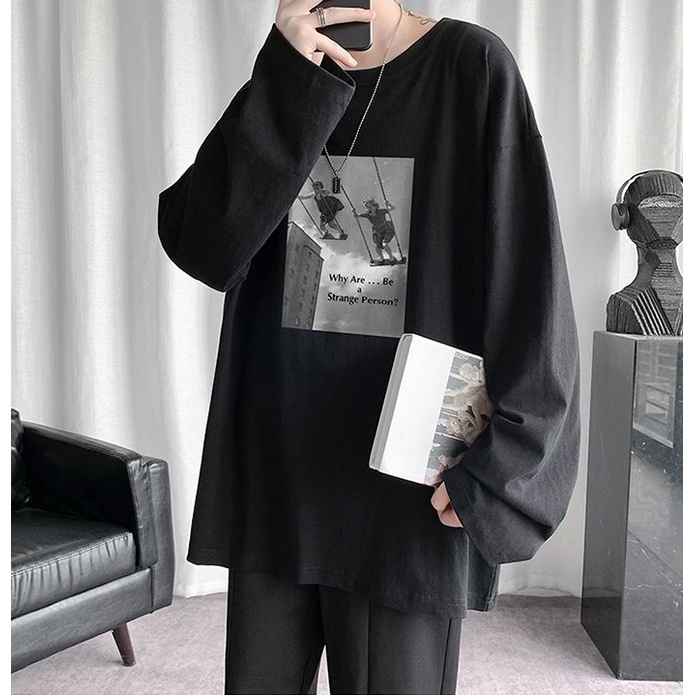 Áo thun tay dài cổ tròn in hình 3 màu phong cách Hàn Quốc cho nam và nữ