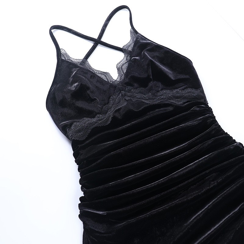 DUNEA Đầm Nhung Cổ Chữ V Phối Ren Quyến Rũ Thời Trang Dành Cho Nữ