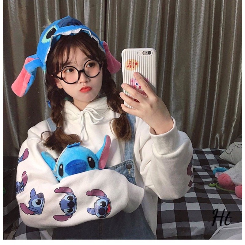 áo hoodie nỉ bông stich in tay, áo hodie nỉ cún xanh tai Hồng