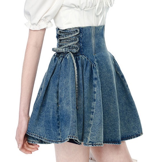 Jiashucheng Hàng Có Sẵn Chân Váy Denim Xếp Ly Lưng Cao Thời Trang Mùa Hè Mát Mẻ Buộc Dây Có Thể Điều Chỉnh Phong Cách Niche