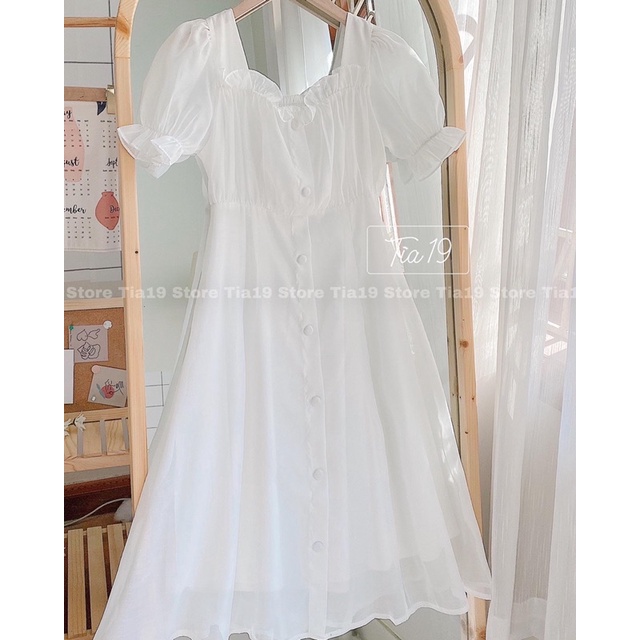 Váy trắng babydoll cúc dáng xoè ulzzang Tia19. Đầm cổ vuông tiểu thư trễ vai dự tiệc voan (Ảnh Thật) | BigBuy360 - bigbuy360.vn