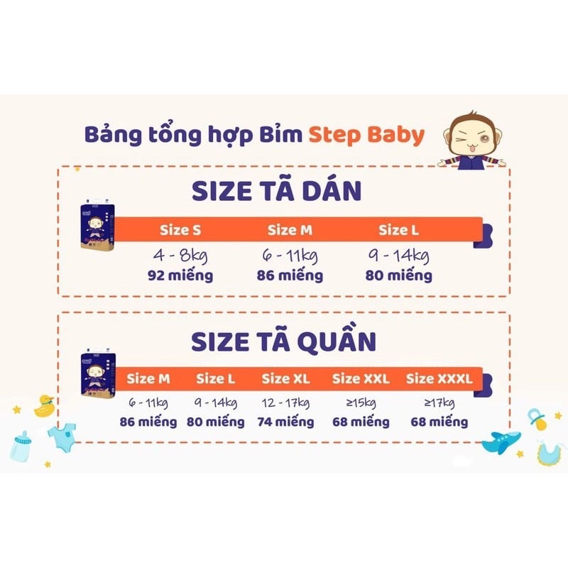 Tã/Bỉm Dán/Quần Step Baby Nội Địa Trung Bo Mông Đủ Size S92/M86/L80/XL74/XXL68/XXXL68