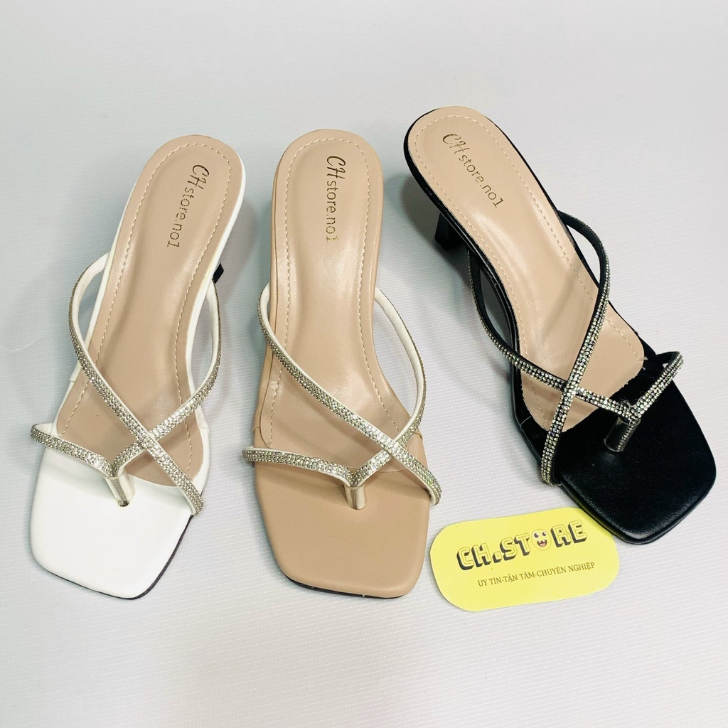 Giày sandal cao gót xỏ ngón quai mảnh đính đá 7p hot 2022 MÃ H20