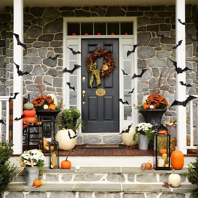 Set 12 / 28 / 60 / 120 Sticker Dán Tường Chống Nước Hình Dơi 3D Màu Đen Trang Trí Halloween