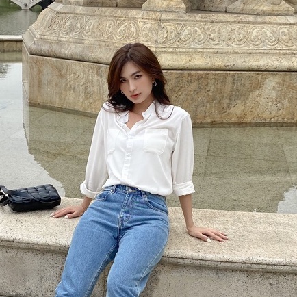 Áo Sơ Mi Nữ Tay Dài Cổ Trụ Màu Trắng Vải Voan Lụa Cao Cấp  - Hashtagem ( Freesize dưới 60kg - LSS)