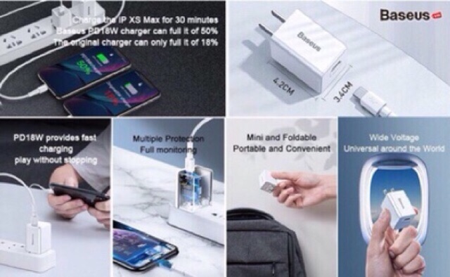 Bộ sạc nhanh iphone 7/8/x/xsmax/11/11pro/11promax chuẩn PD 18W hãng baseus bảo hành 12 tháng
