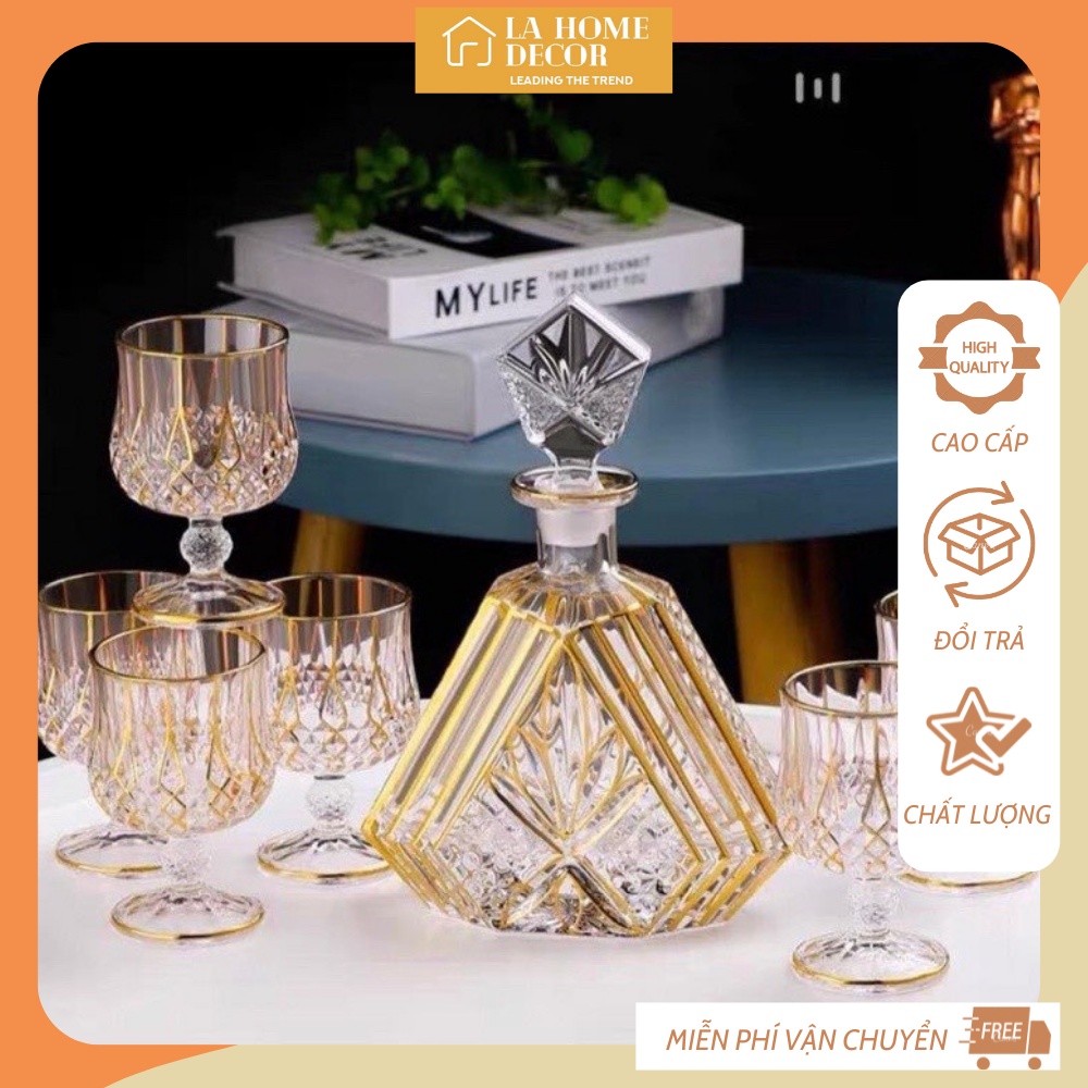 Bình đựng rượu thủy tinh kèm ly mạ vàng cao cấp, sang chảnh BH001 La Home Deocor