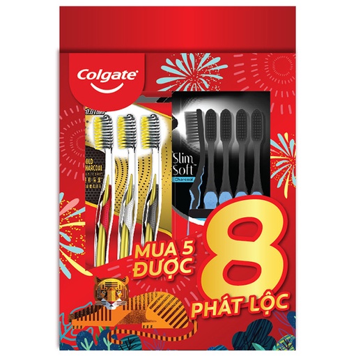 [Combo tết ] Bộ 5 Bàn chải đánh răng Colgate than hoạt tính kháng khuẩn SlimSoft Charcoal mềm mảnh tặng kèm  3 bàn chải