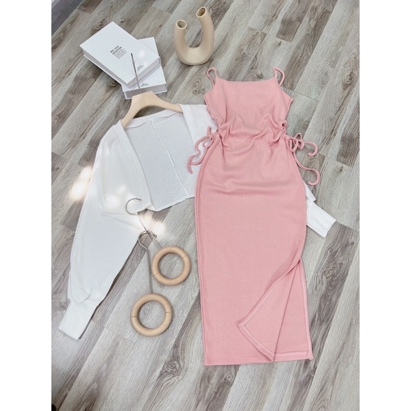 SÉT ĐẦM HỒNG RÚT DÂY KÈM KHOÁC