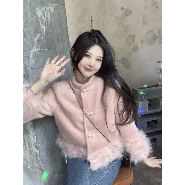 (SẴN) Áo bông viền lông hồng kem