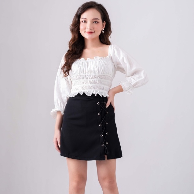 Áo croptop ulzzang trắng buộc dây cổ - áo bèo nhún ôm chun