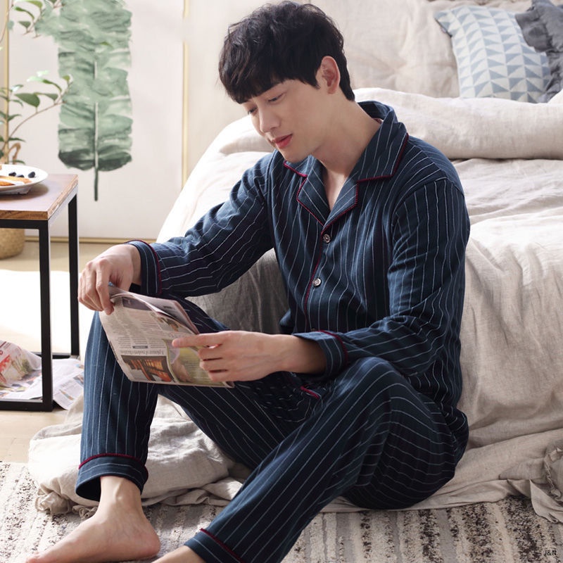 Bộ đồ ngủ pijama cotton tay dài thời trang xuân thu cho đàn ông trung niên