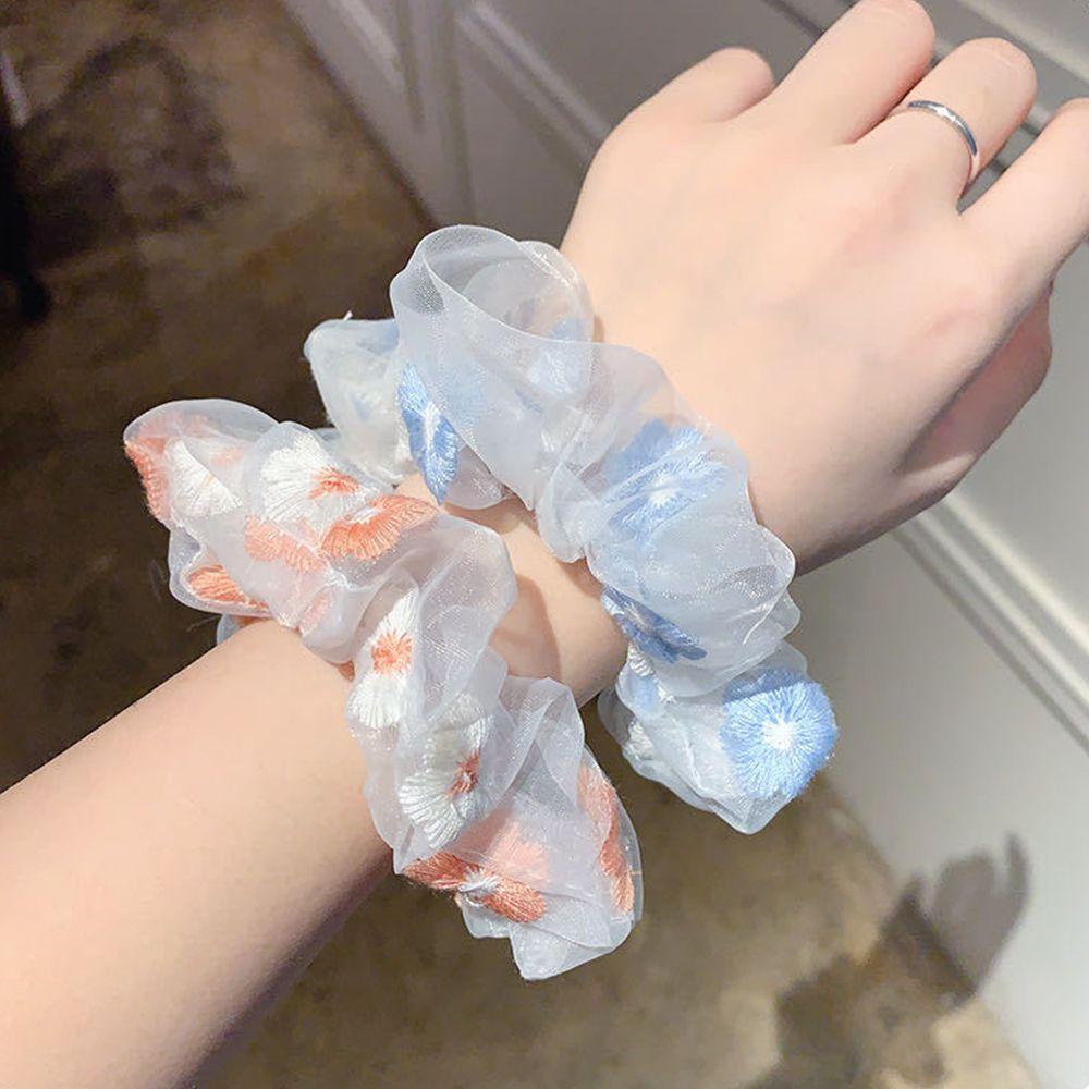 Dây Cột Tóc Cao Su Bọc Vải Gạc Thêu Hoa Cho Nữ