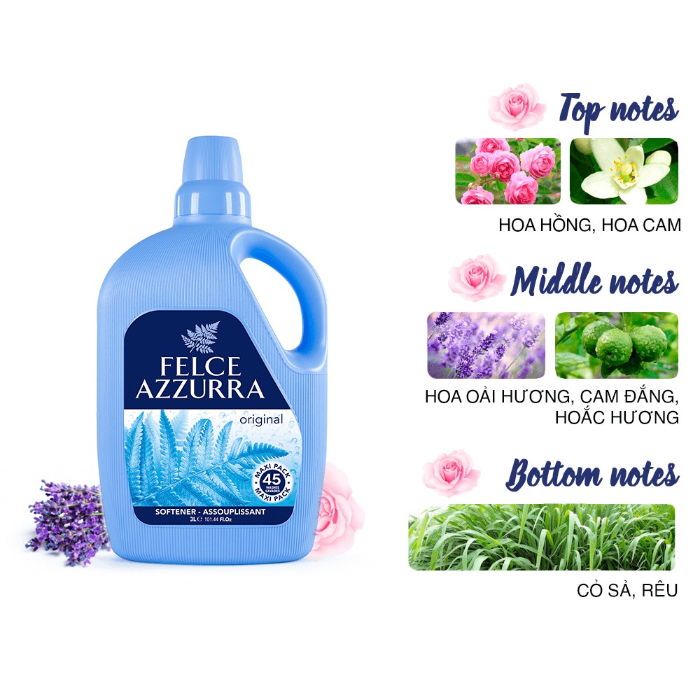 Nước xả vải hương nước hoa Ý Felce Azzurra 3L siêu thơm mềm mại, hương cỏ sả, vanilla, hoa hồng, phấn talc