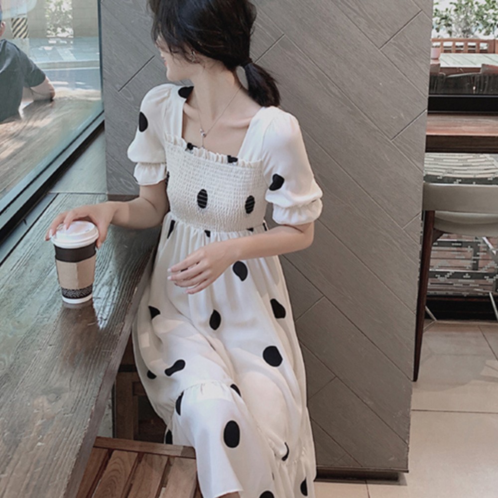 Đầm nữ, váy nữ cổ vuông sau lưng có dây buộc nơ , hoại tiết chấm bi bánh bèo tiểu thư sang chảnh hót hít ATILA SHOP. | BigBuy360 - bigbuy360.vn