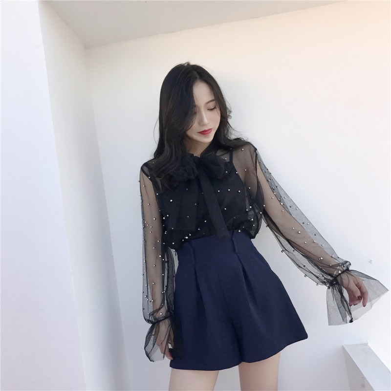 🌸Xả Có Hạn🌸Hàng Quảng Châu🌸Áo Sơ Mi Đen Đính Ngọc Thắt Nơ 🌸Siêu Sinh Sexy