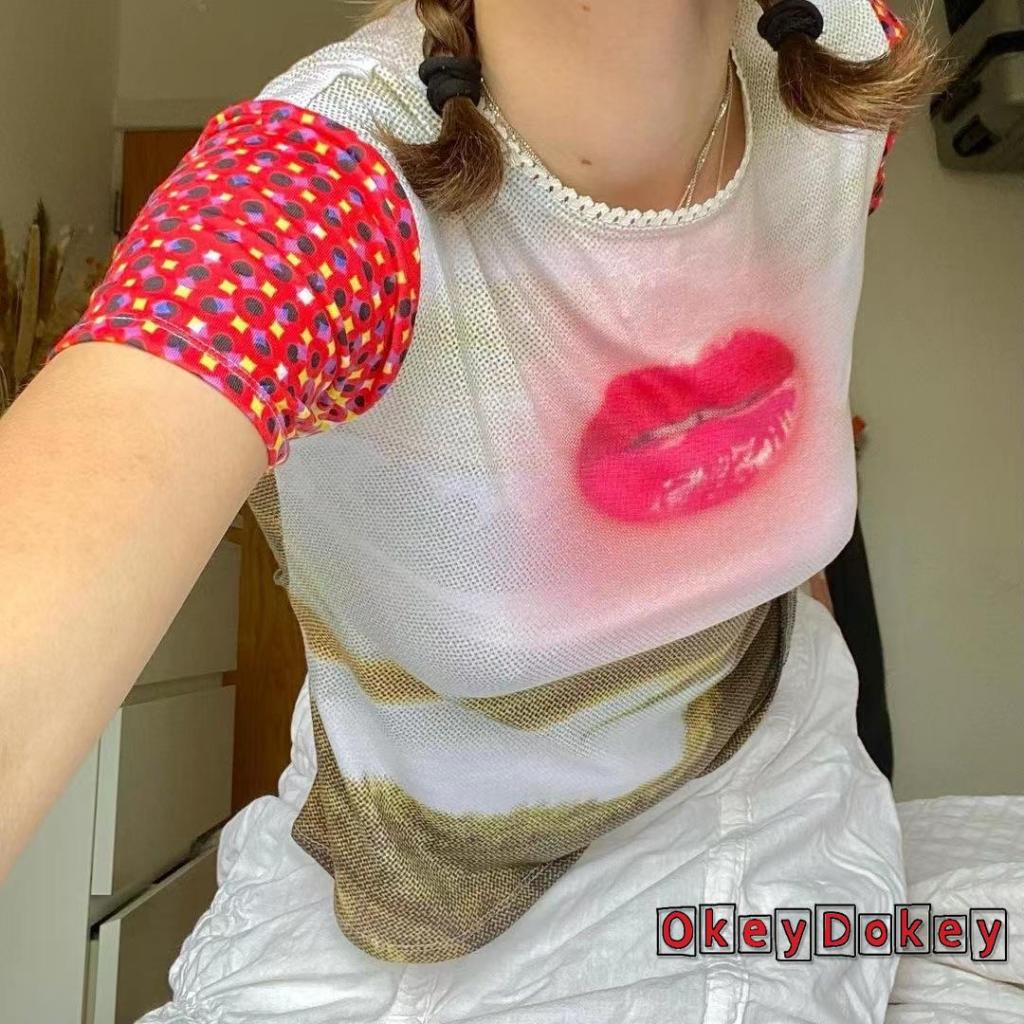 Áo Thun Nữ Tay Ngắn Phong Cách Harajuku Họa Tiết Đôi Môi Thần Tiên 2000s Y2K