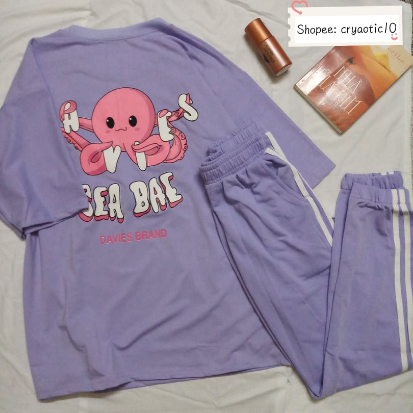 [COMBO TIẾT KIỆM] Set áo bạch tuộc tím + quần thun 2 sọc unisex