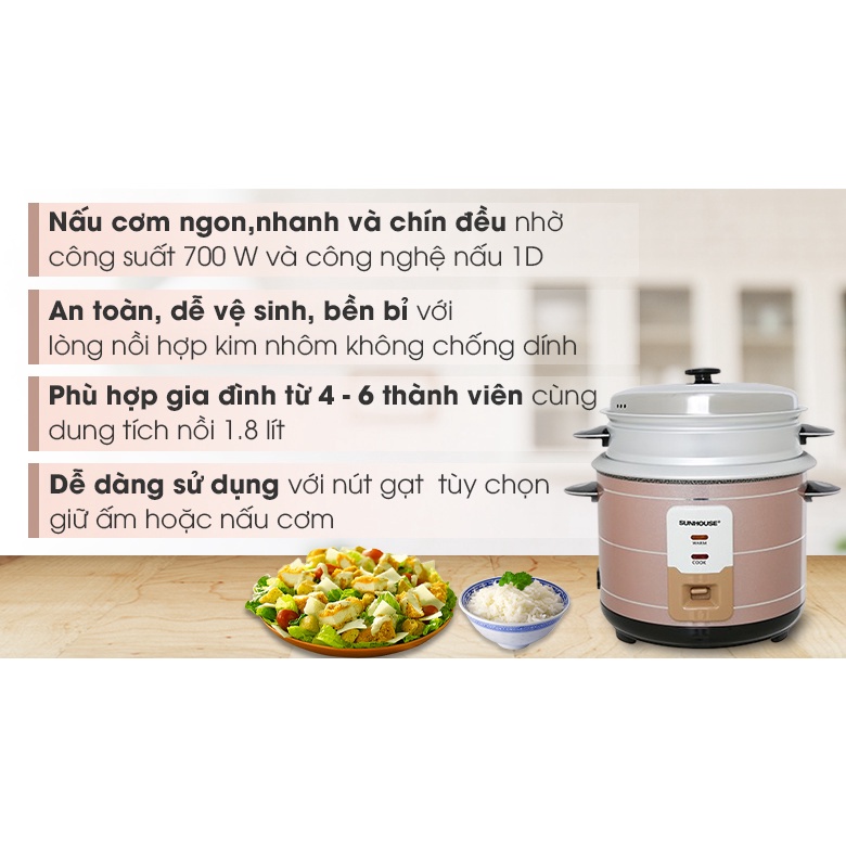 Nồi cơm điện Sunhouse 1.8 lít SHD8125-Chính Hãng trưng bày-Nấu cơm công nghệ nấu 1D