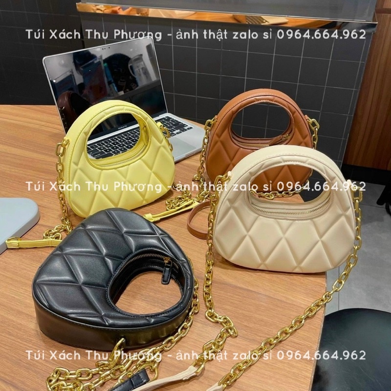 Túi quai xách thời trang nữ - Túi đeo chéo dáng tròn trần ô chất da pu, dây da phối xích dập logo siêu xịn (ảnh thật)