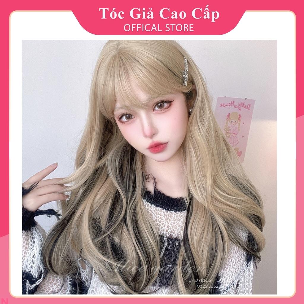 Tóc giả nữ nguyên đầu xoăn nhẹ màu vàng tây phối line đen, tặng kèm lưới trùm wig.