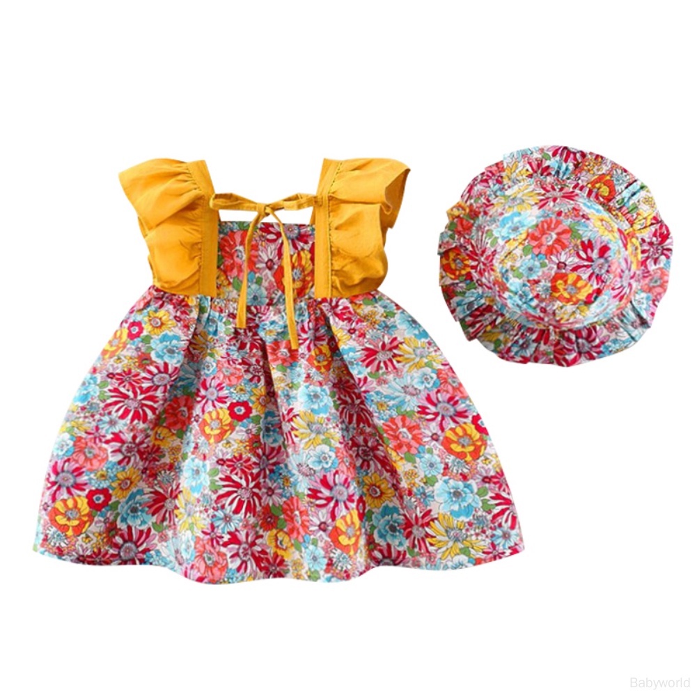 Đầm Hai Dây Họa Tiết Hoa Kèm Mũ Dáng Chữ A Xinh Xắn Cho Bé Gái