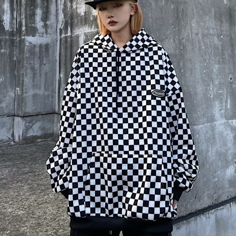 Áo hoodie bàn cờ tay dài dáng rộng lưới đen trắng họa tiết phong cách hàn quốc thời trang cho nam nữ thời trang áo pull bigsize unisex