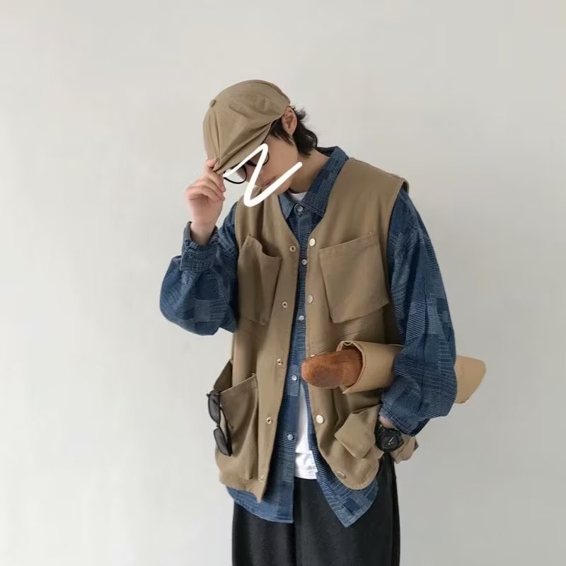 Áo Khoác Không Tay Dáng Rộng Nhiều Túi Phong Cách Retro Nhật Bản Dành Cho Nam Và Nữ