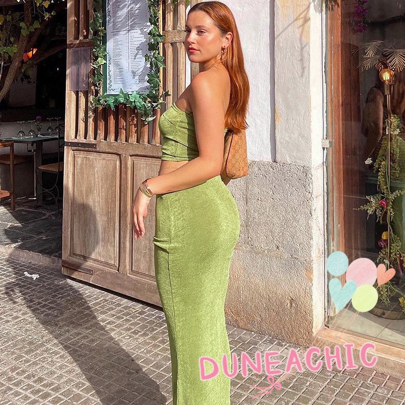 Set Áo Croptop 2 Dây + Chân Váy Dài Màu Trơn Thời Trang Cho Nữ