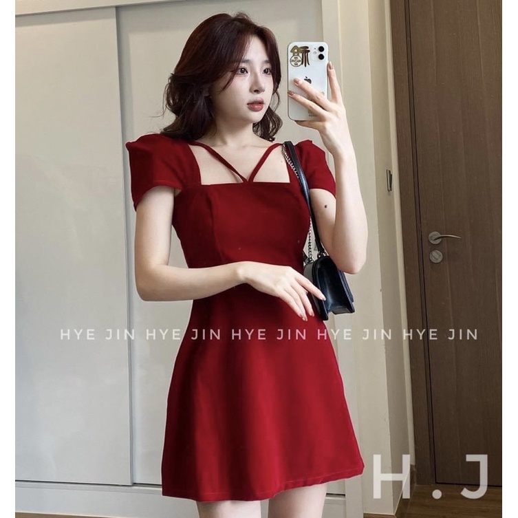 Váy nhung cứng tay hến dây ngực dáng ngắn Có Mút (hình thật) Đầm nhung sang chảnh Đen Đỏ
